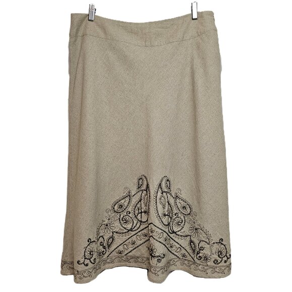 RICHARD MALCOLM Beige Embroidered  Beaded Linen Midi A-Line Skirt Size 16 - Picture 3 of 9